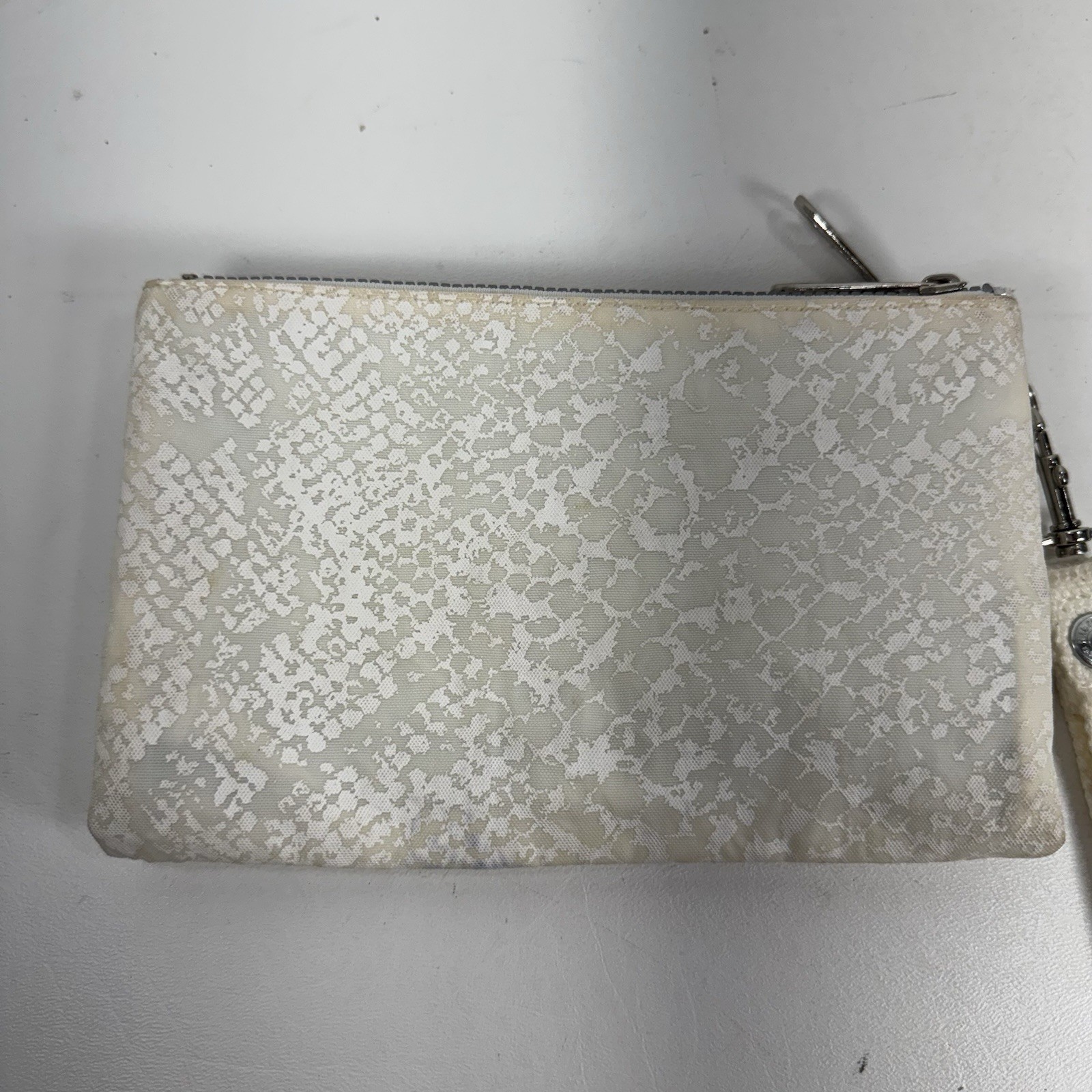 Kipling White & Gray Snakeskin Print Canvas Zipper Wristlet Pouch Front Pocket