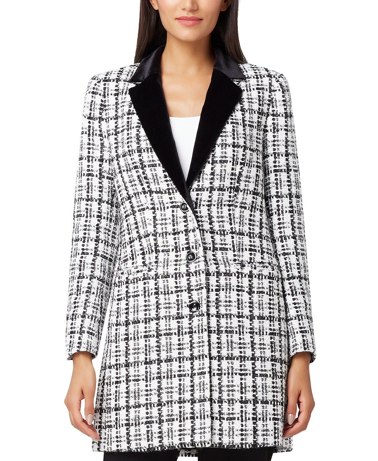 Tahari ASL Womens White Plaid Velvet-Collared Lapel Boucle Topper Jacket Size 2