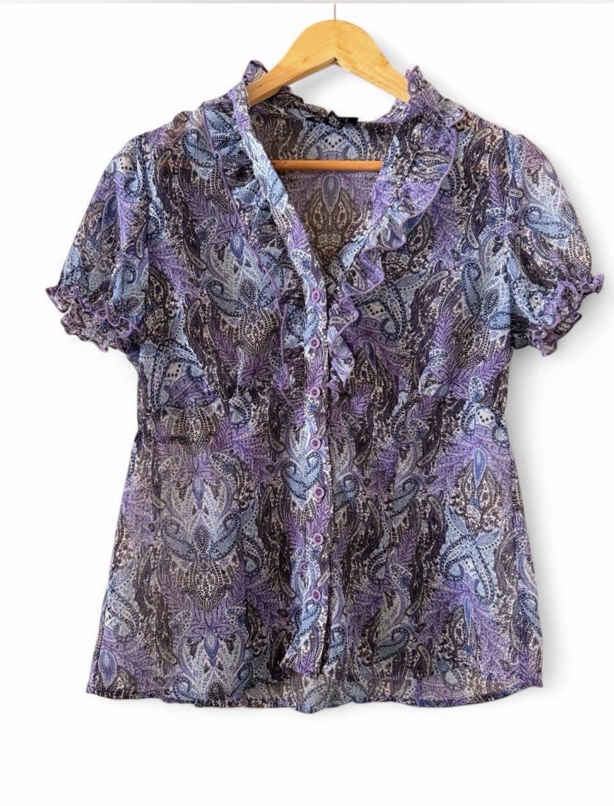 AB Studio Purple Paisley Ruffle V-Neck Puff Short Sleeve Blouse Women’s S