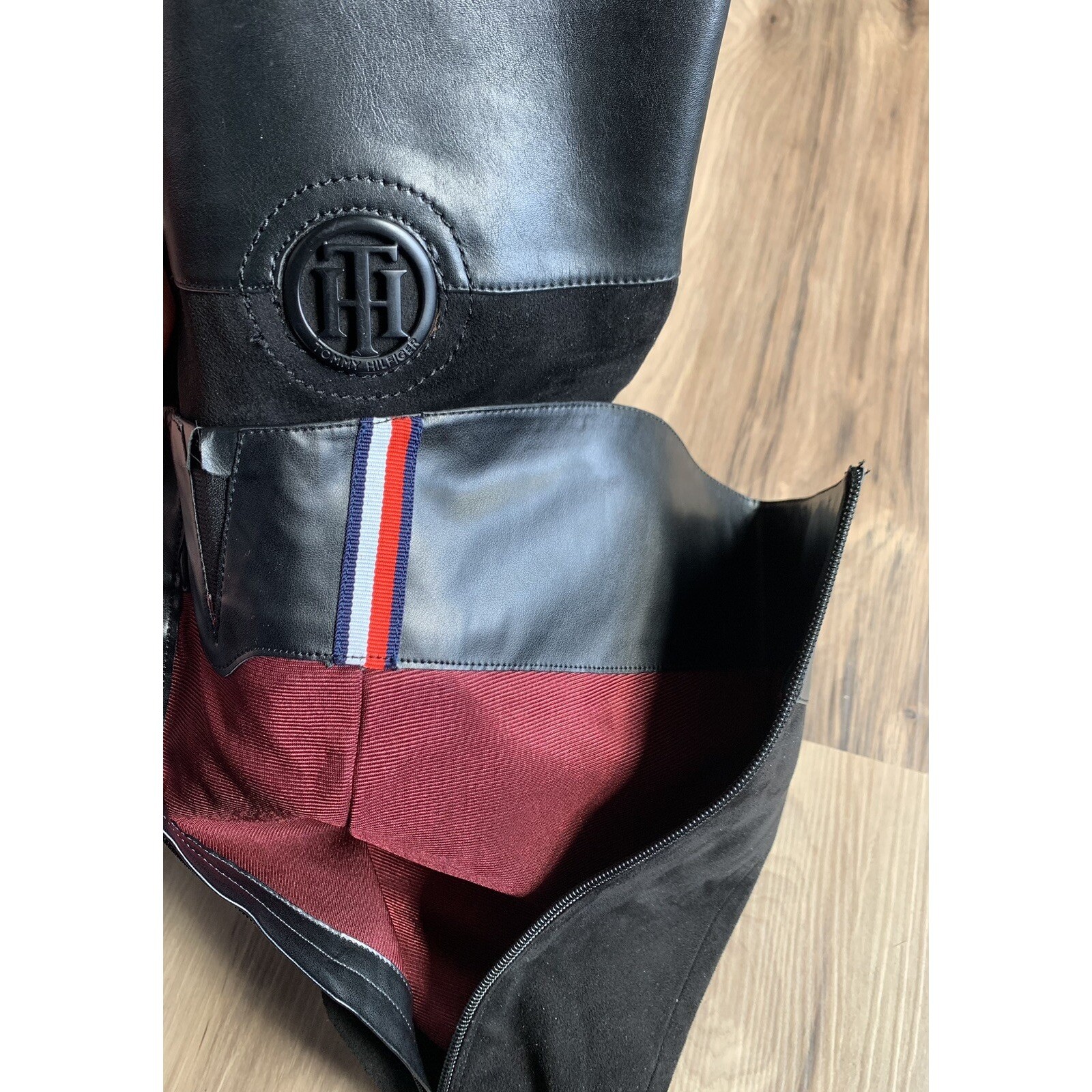 Tommy Hilfiger Riding Boots Womens 7.5M Black Leather Suede Knee High Logo Block