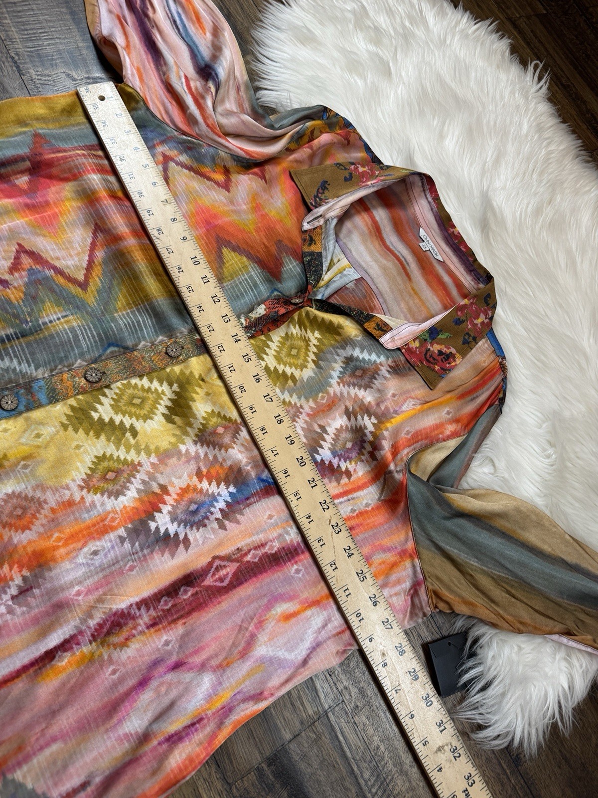 John Mark Size 2X Floral Roll-Tab Sleeve southwestern-inspired multi-print NWT