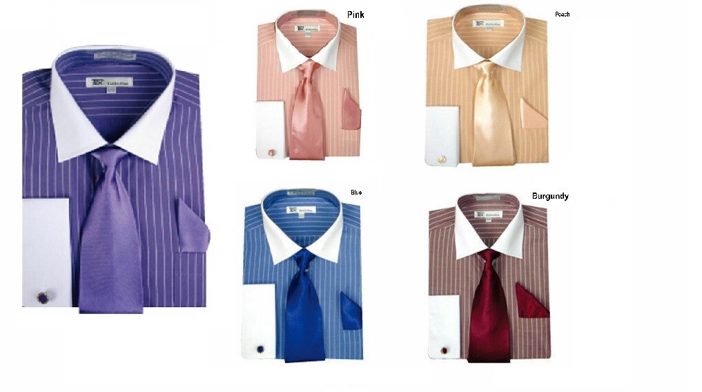 Men’s Striped Formal Dress Shirt w/ French Cuff Links,Tie and Hanky #SG17