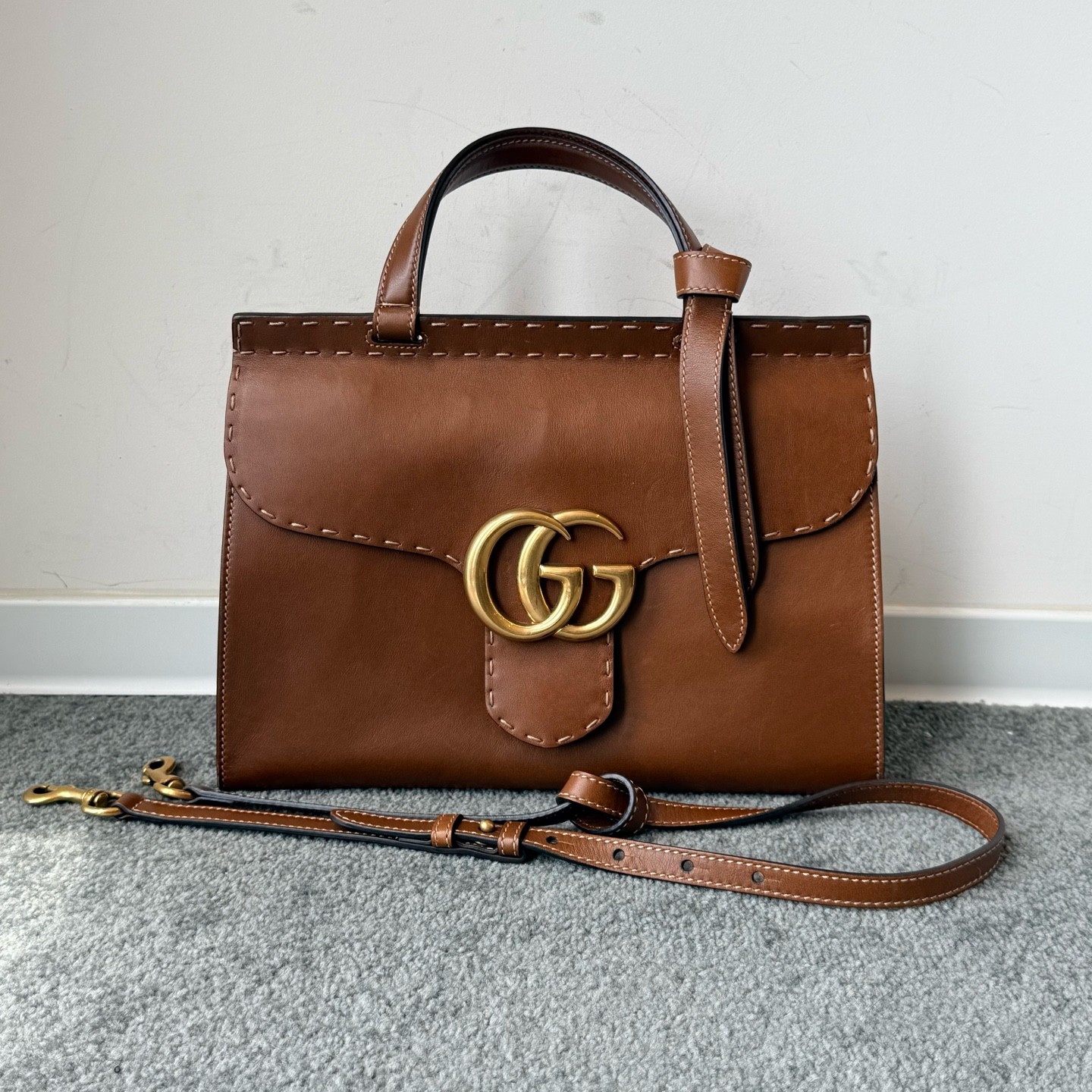 Gucci GG Marmont Large Caramel Brown Smooth Cowhide Leather 3-Way Bag Duty Paid