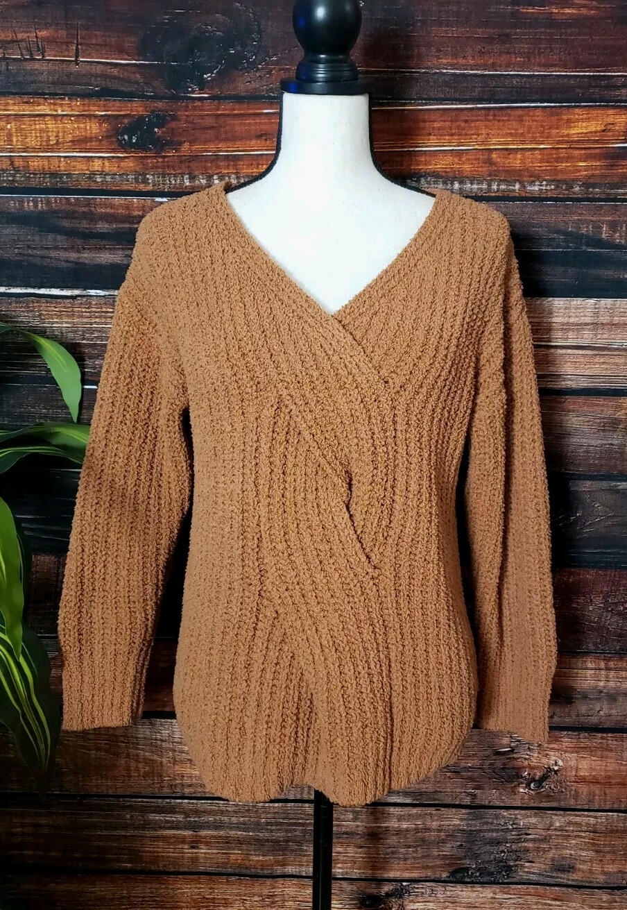 BiBi Sweater Small Sherpa Knit Soft Braided Front V-Neck Plush Warm Caramel Bev