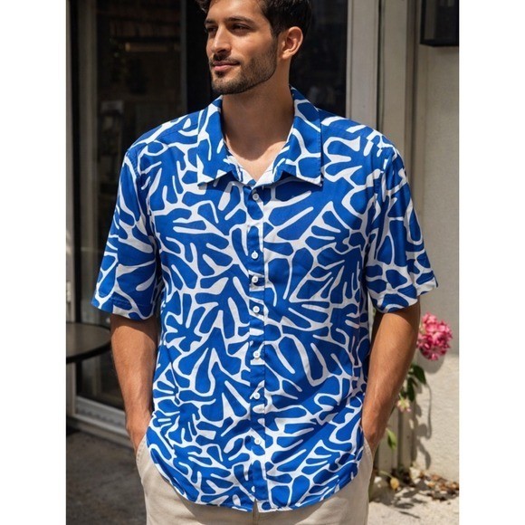 COOFANDY. Men’s Blue & White Short-Sleeve Casual Button-Down Shirt. XXL