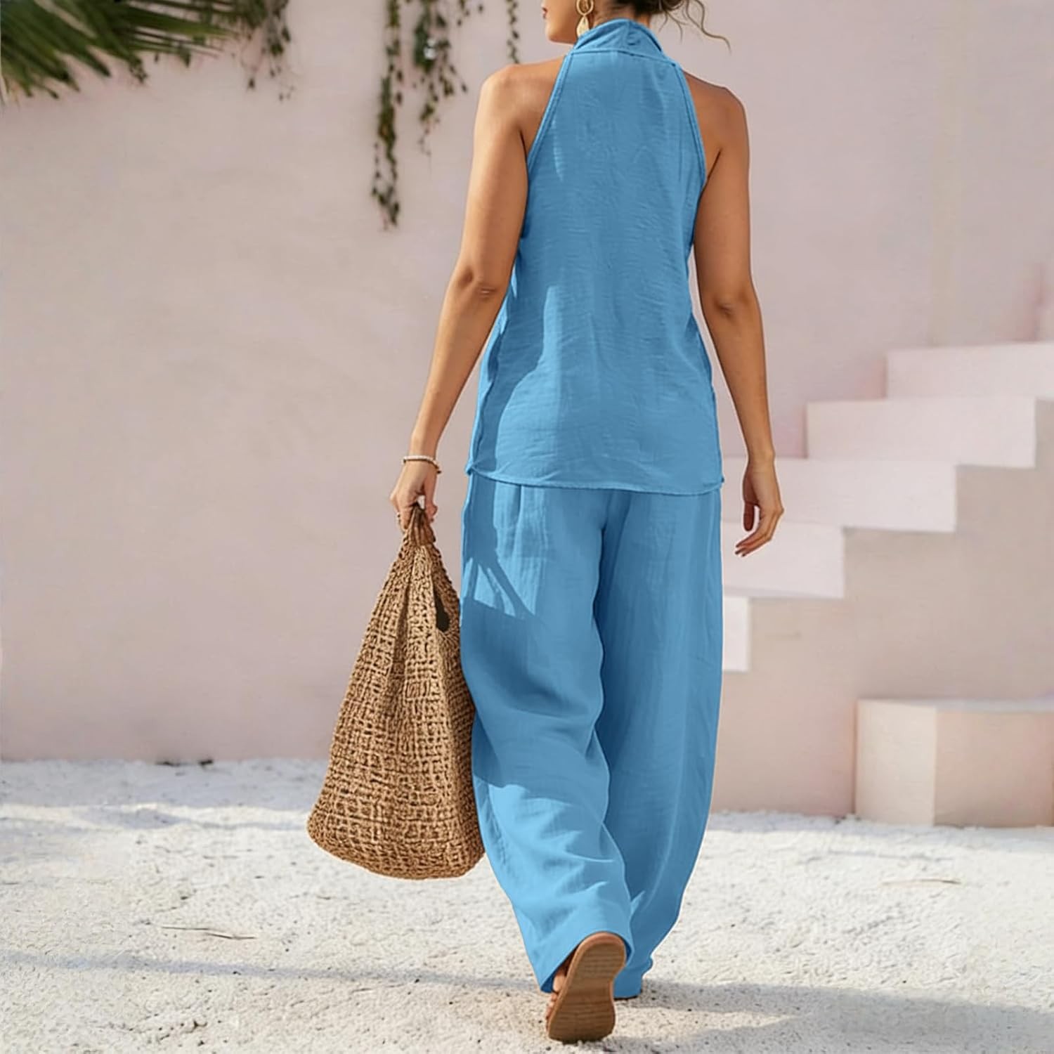 Women’s Linen 2 Piece Set V Neck Halter Top Baggy Wide Leg Pants Summer Outfit
