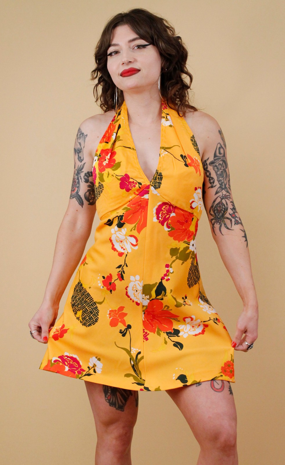 60s 70s Vtg Yellow Floral Micro Mini Dress Halter Top Mod Hawaiian Handmade Xs