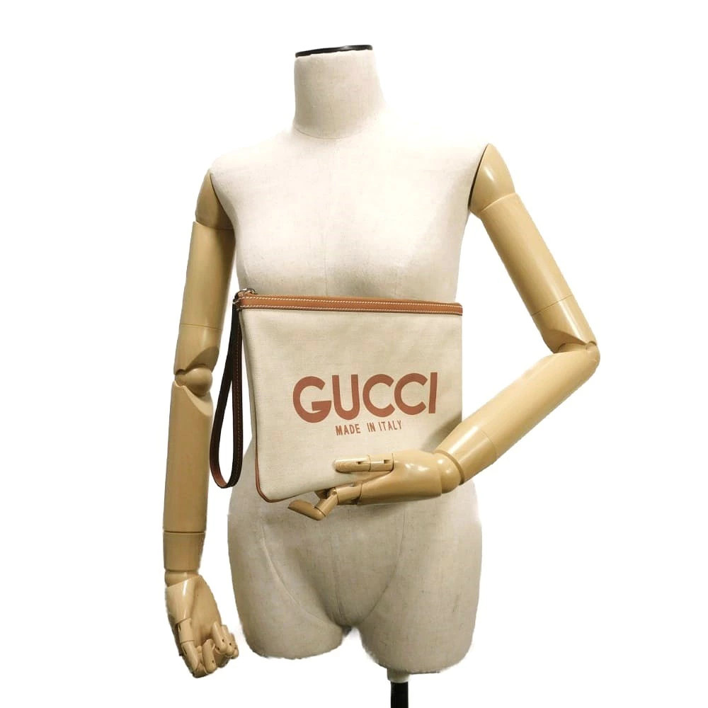 Gucci Clutch Bag Logo Print Pouch Canvas Brown GG Supreme Cotton Linen Natural