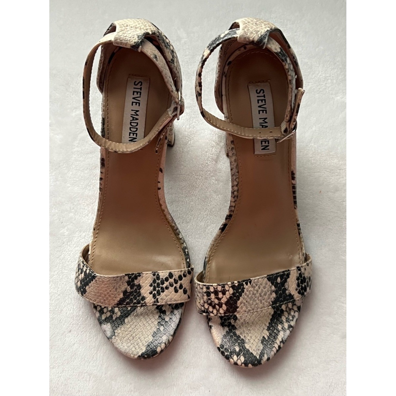 Steve Madden Snake-Print Block Heel Sandals – Beige/Black, Size 9M