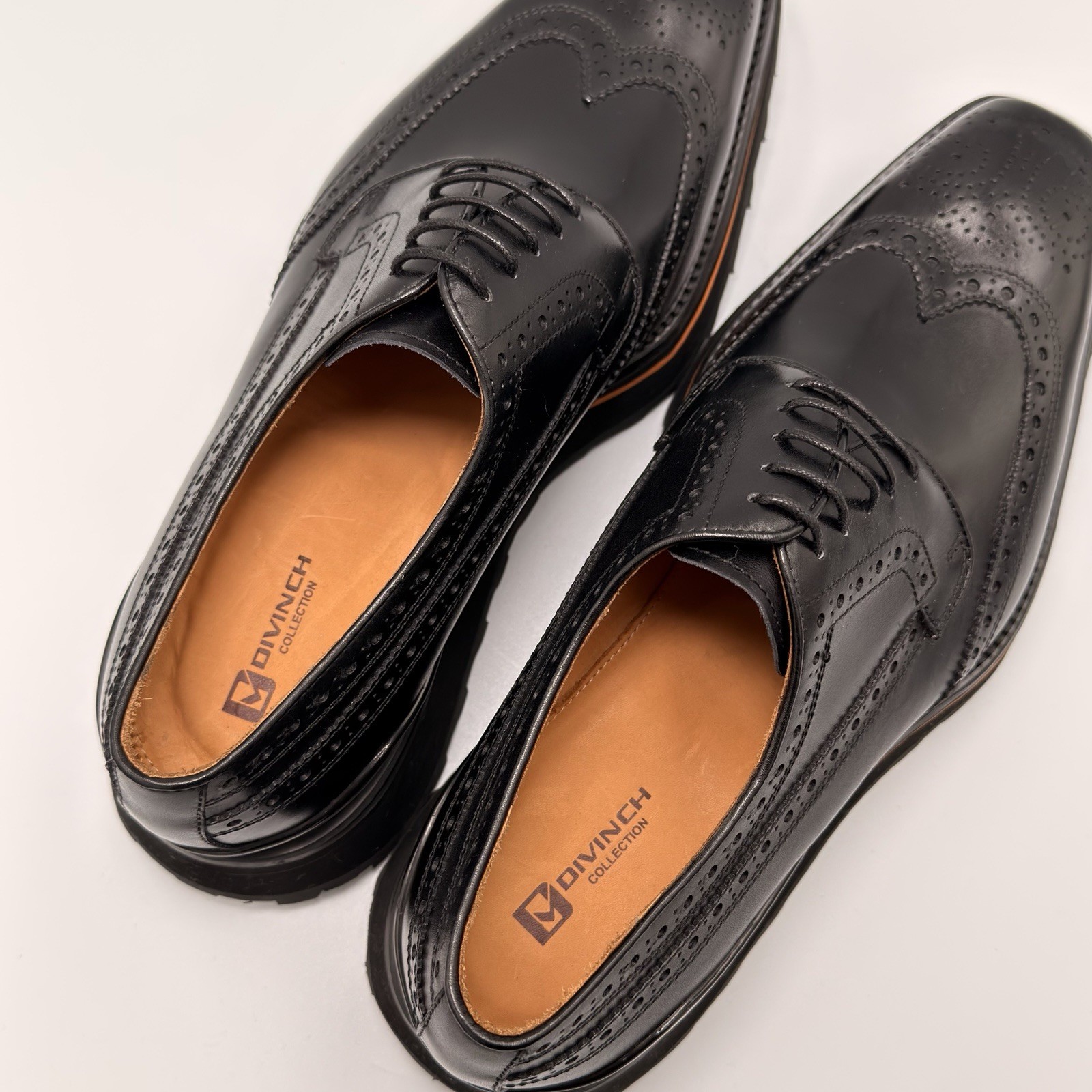 Divinch 6CM Heel Chunky Platform Brogues Black Calfskin Wingtip Derby 2886B Sz 8