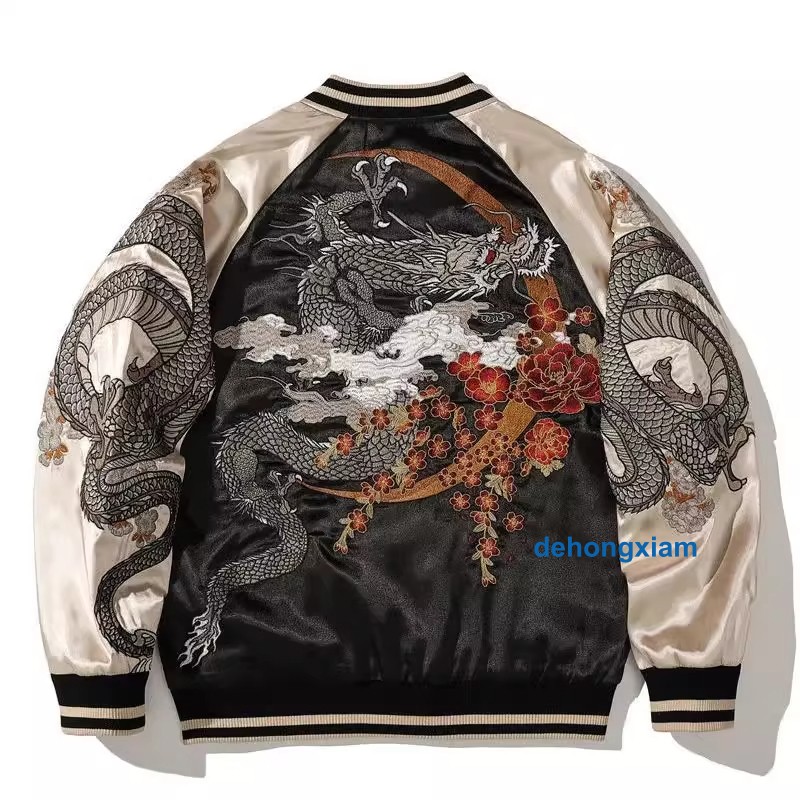 New Mens Bomber Japanese Pattern Embroidery Dragon Tattoo Sukajan Fashion Jacket