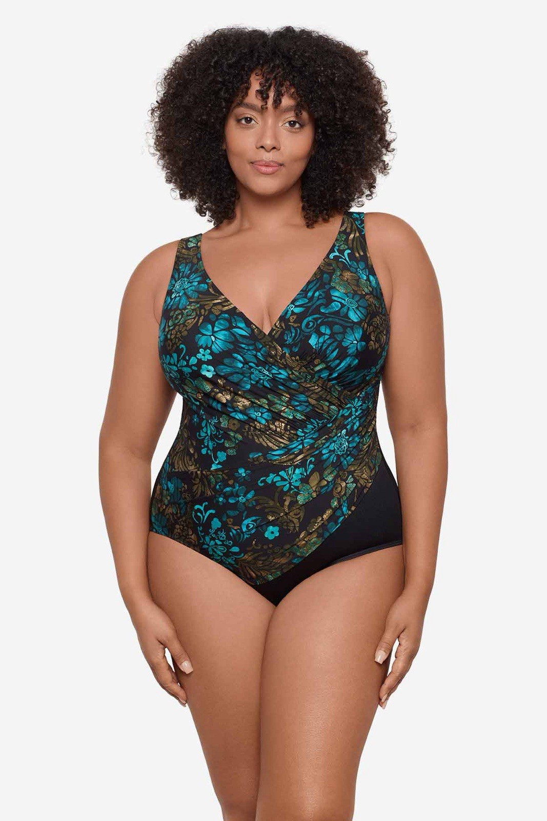 $190 Miraclesuit Plus Size Oceanus Wrap One-Piece Black Multi 18W