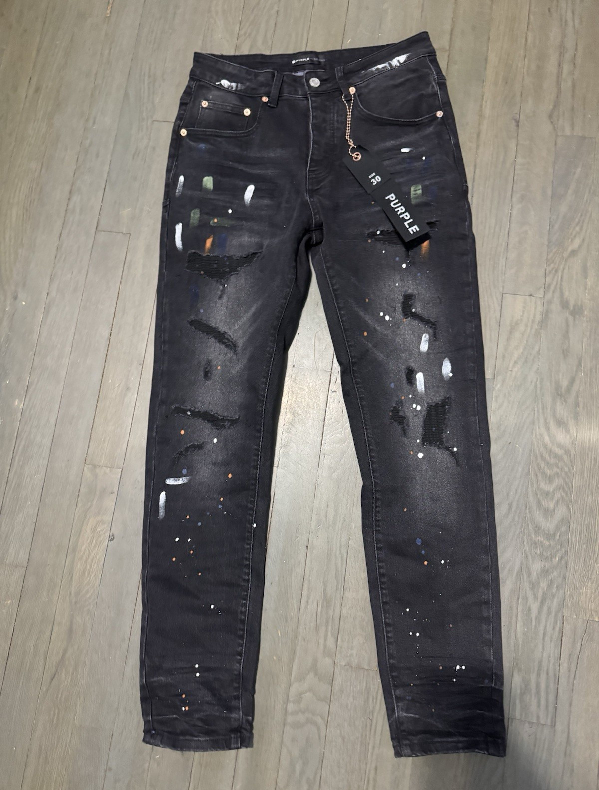 PURPLE BRAND Men’s Black Skinny Slim Low Rise Paint Splatter Distressed Jeans