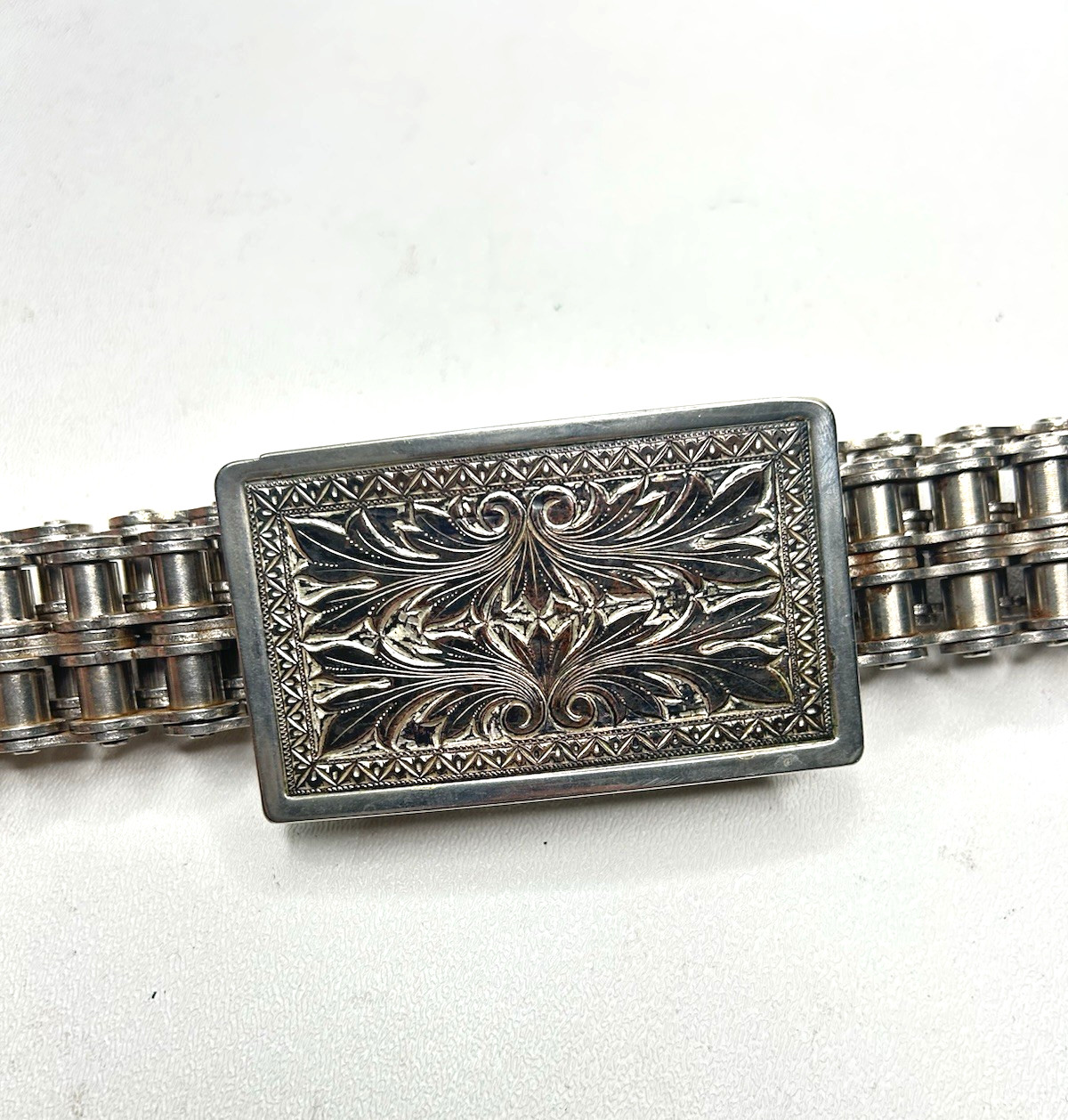 1970’s Vtg Belt EASY RIDER Motorcycle Chrome Chain Etched Buckle Belt 35″ Biker
