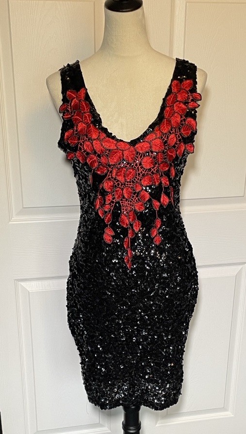 Vintage Black Sequined Sleeveless Mini Dress Statement Red Leaf Appliqué Large