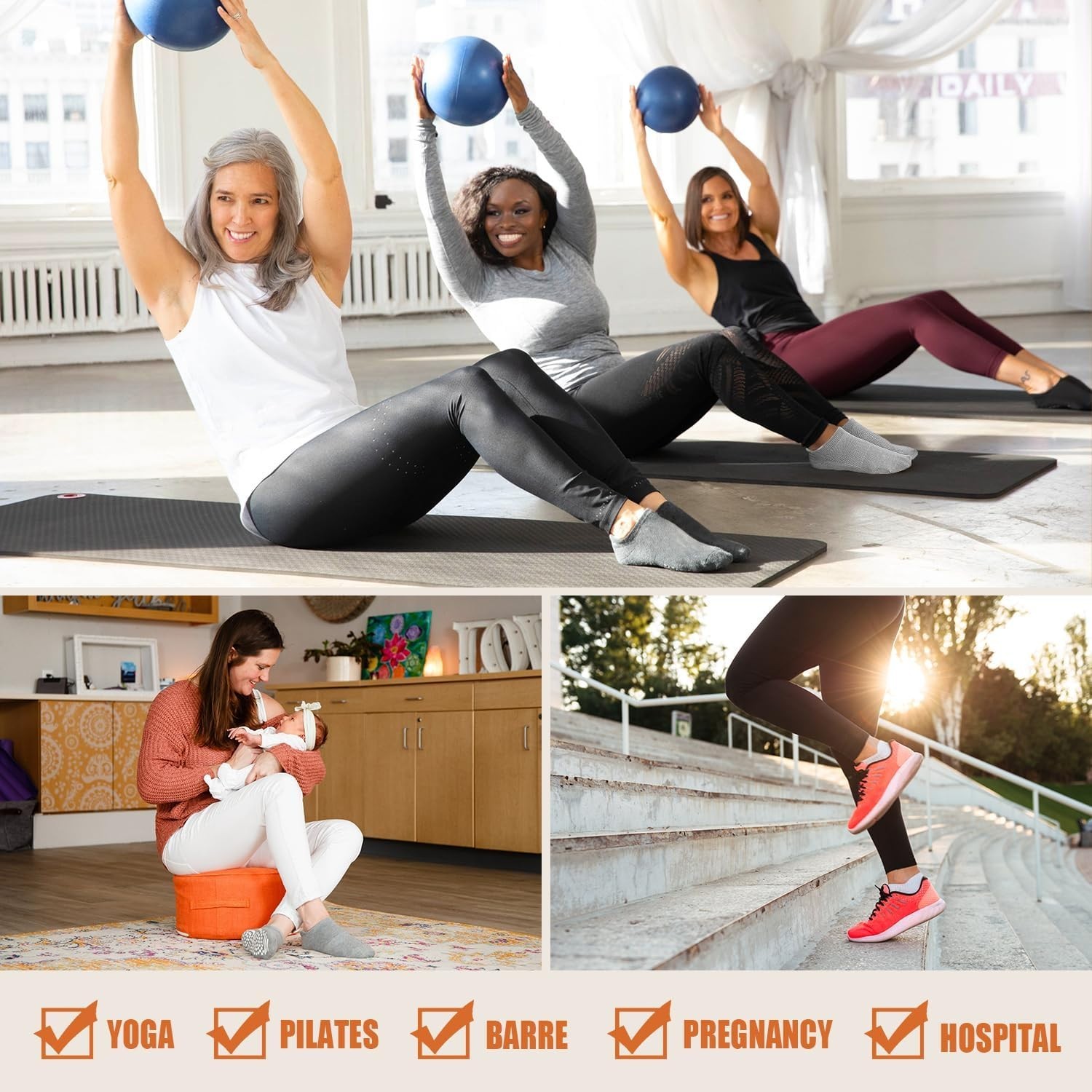 Breathable Cotton Yoga Socks for Women – 4 Pairs Non-Slip Grip for All Seasons
