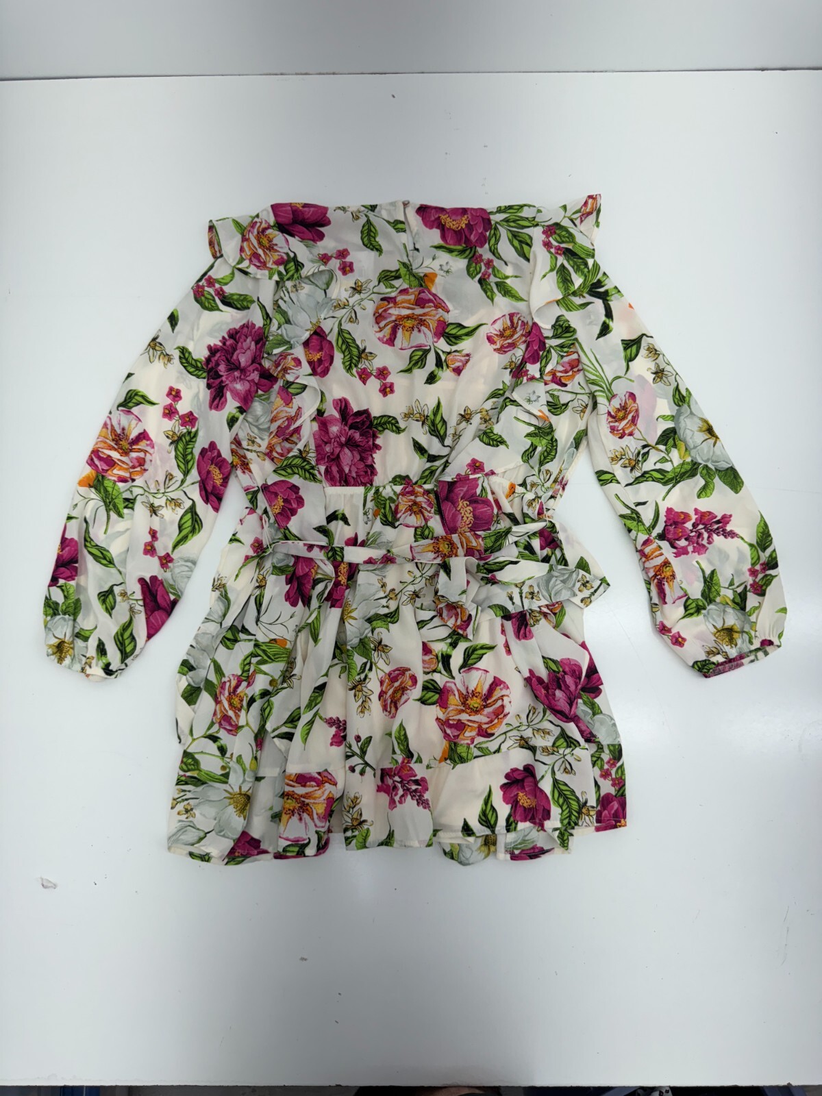 Tinsel Ivory Multicolor Floral Print Long Sleeve Belted Dress Womens Size PM