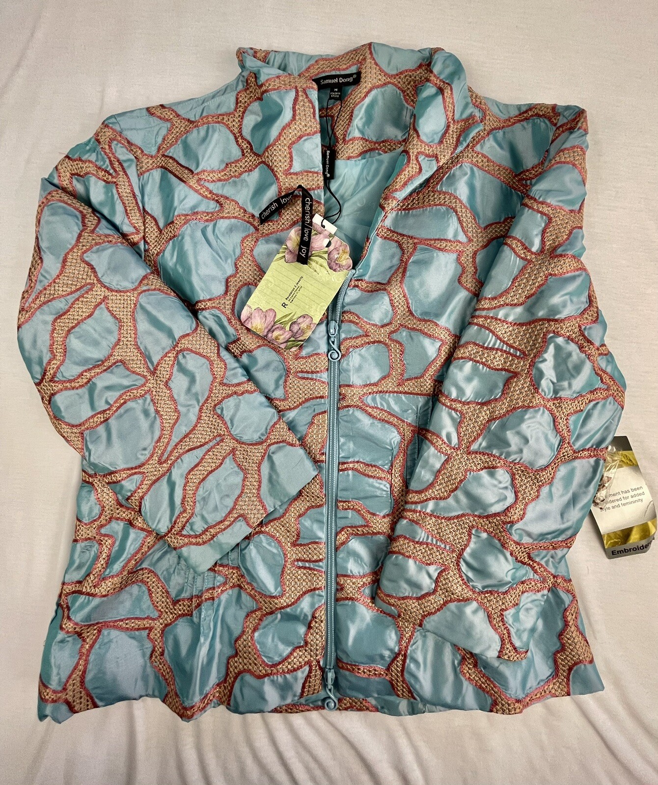 Samuel Dong Oriental Style Embroidered Full Zip Jacket Size M Pleated Fitted NWT