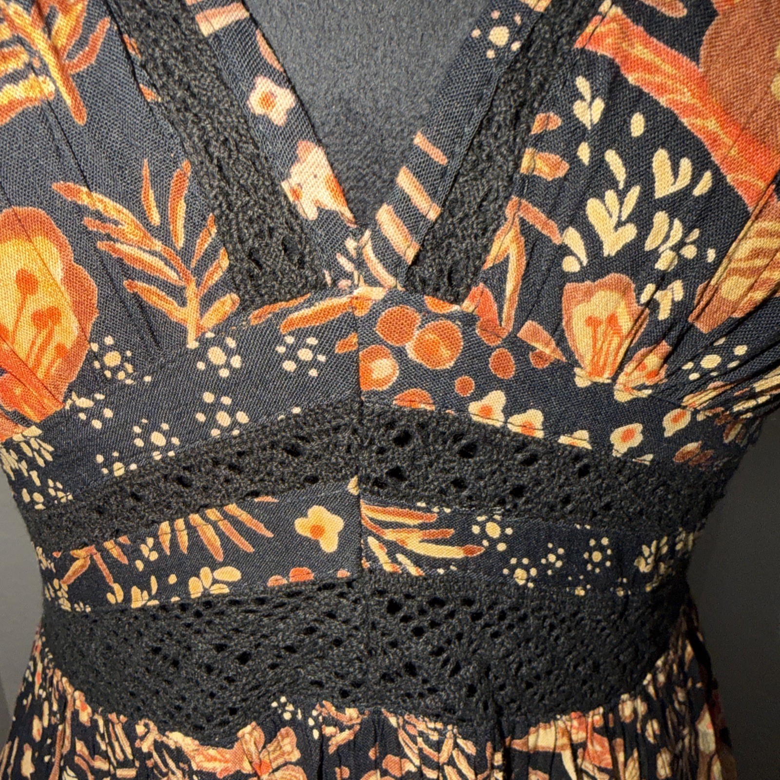 NWT Angie Boho Cottage Floral Smocked Crochet Front Maxi Dress Black $78 Small