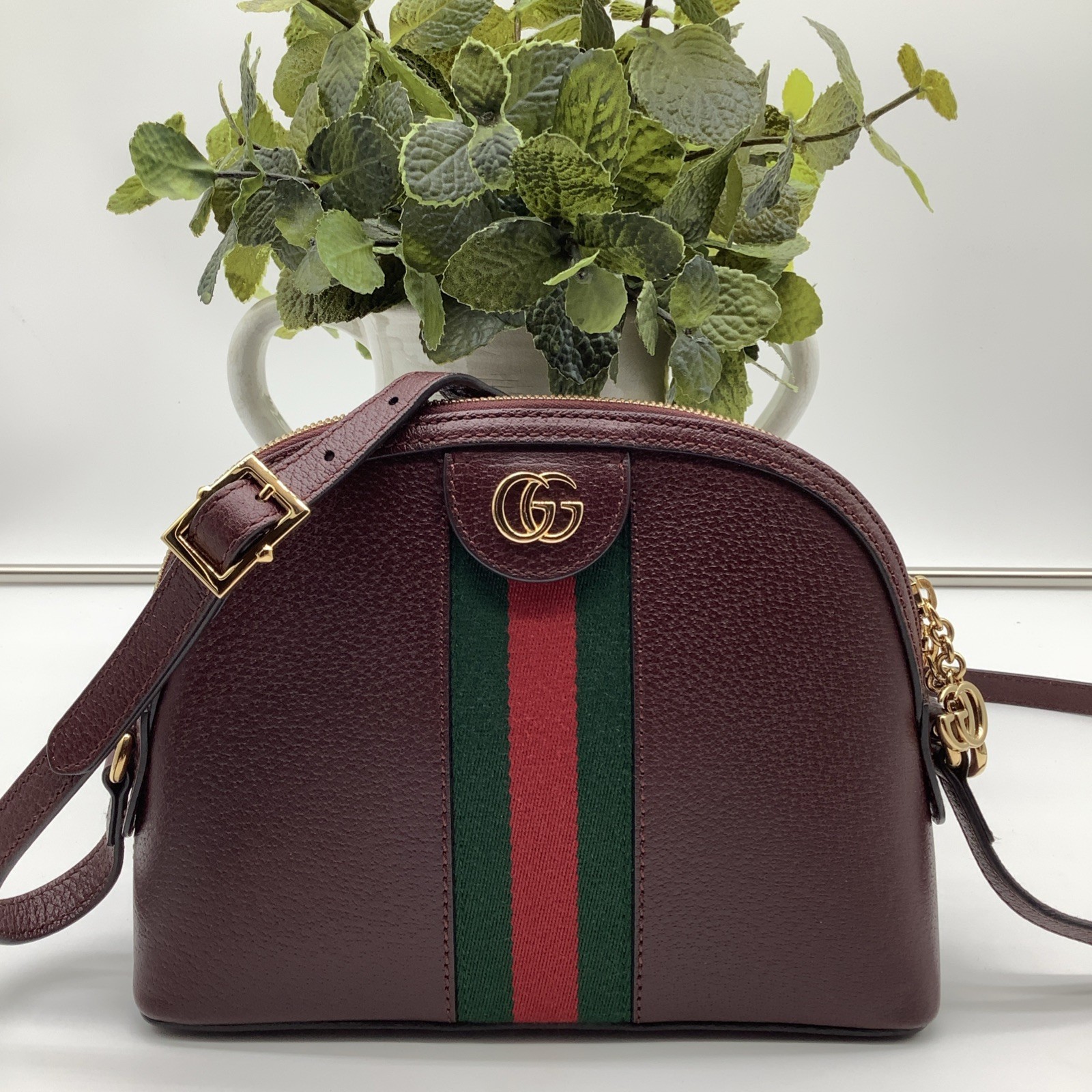 GUCCI Ophidia Dome Small Gold Maroon Leather Shoulder Bag Handbag Purse