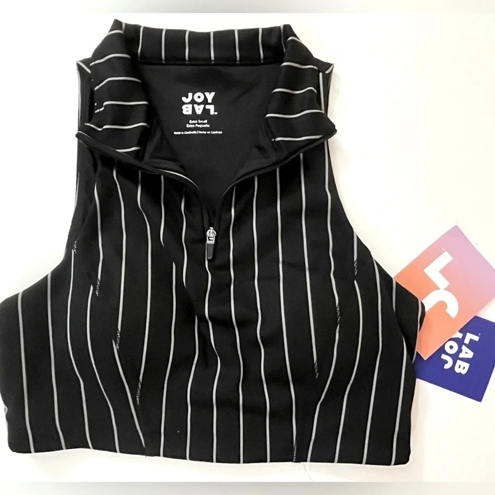 JoyLab Sports Bra Crop Top Athletic Womens XS Black White Stripes Stretchy NWT