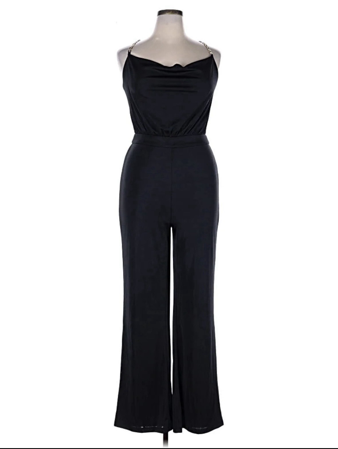 Women’s Medium Jason Wu Cowl Neck Black Jumpsuit Gold Jeweled Chain Link Straps
