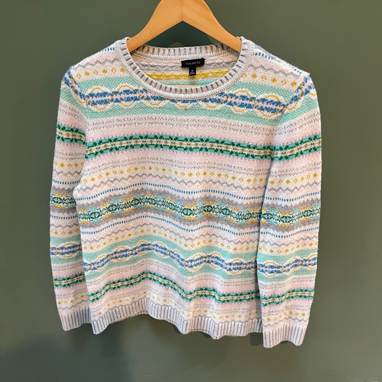 Talbots Women’s Fair Isle Knit Sweater Size M Cotton Blend Crew Neck Long Sleeve