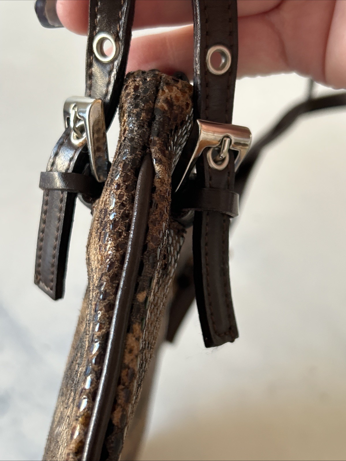 Vera Pelle Italy Brown Snakeskin Purse Leather DoubleHandle Shoulder Bag 10.25”W