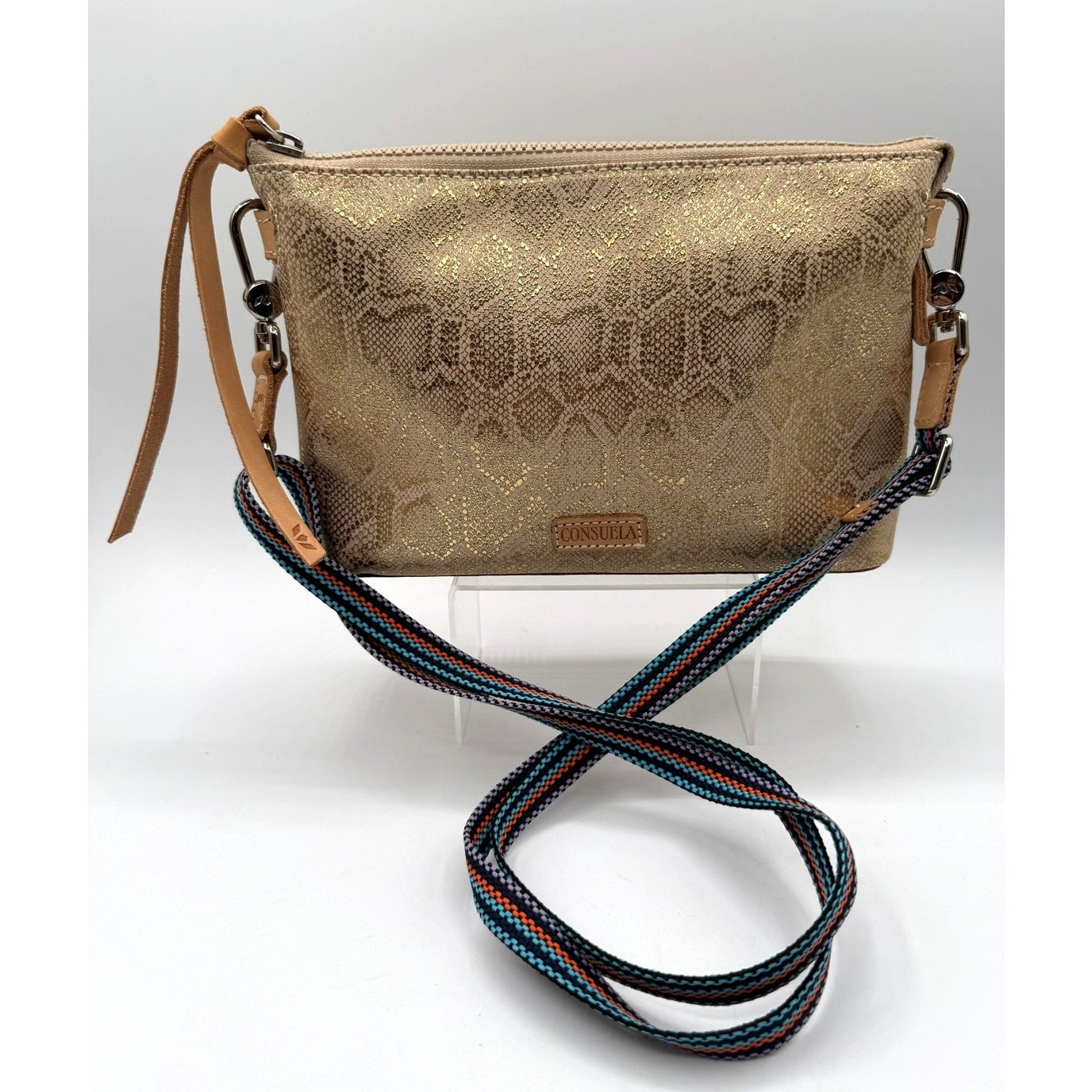 Consuela Leah Midtown Leather Crossbody W/Metallic Gold Snakeskin Print