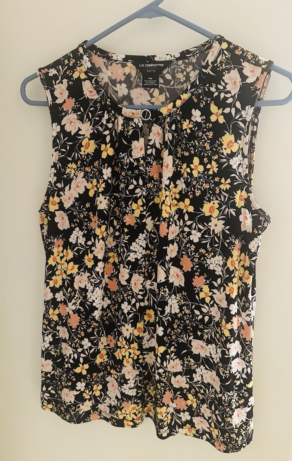 Liz Claiborne Petite PM Black Floral Sleeveless Knit Stretch Button Blouse