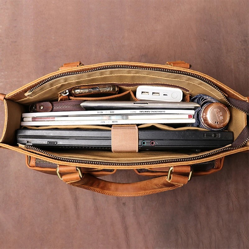 Handmade Leather Briefcase Men Vintage Messenger Bag Crazy Horse Laptop Satchel