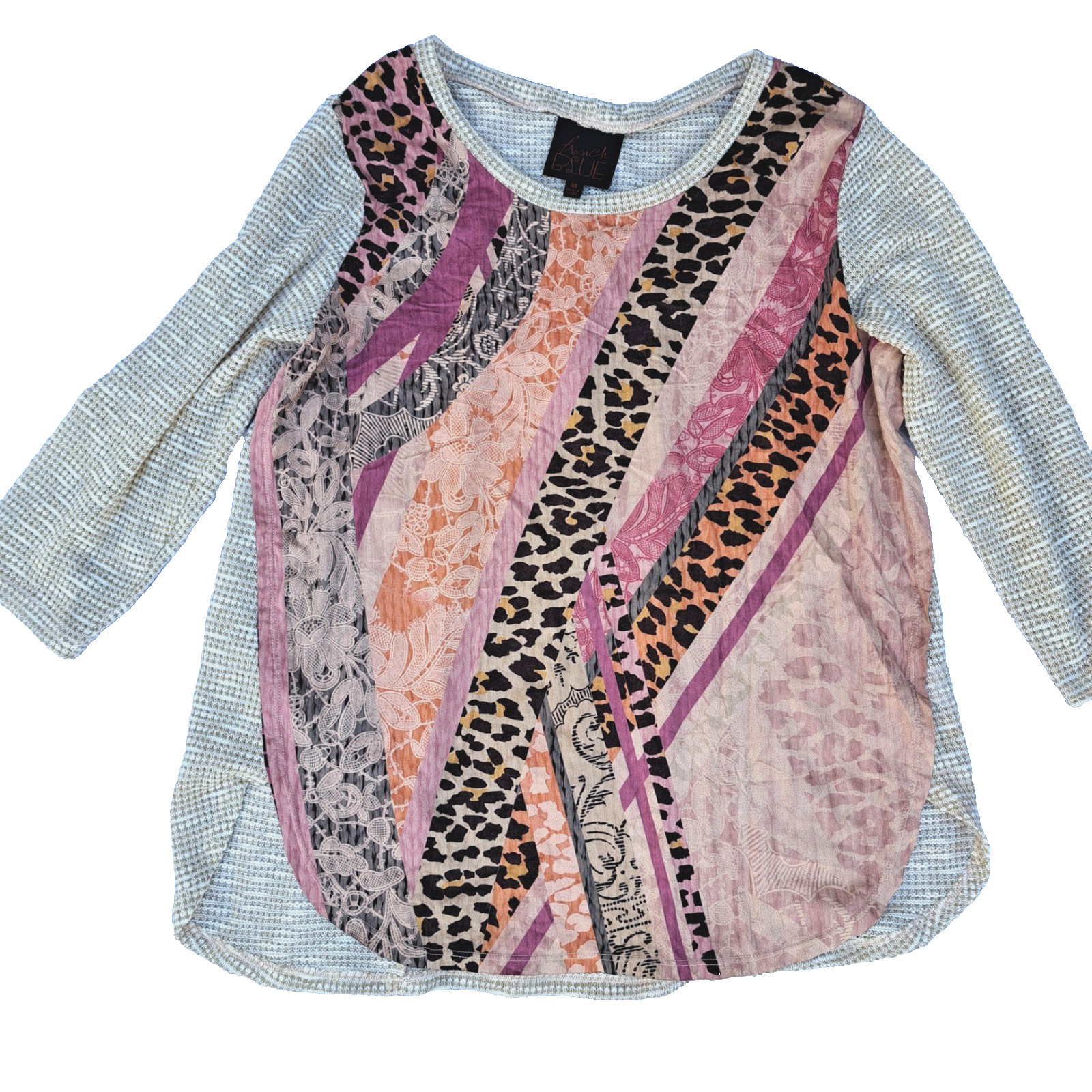 (M) French Blue 3/4 Sleeve Microsuede Sparkle Leopard Top Shirt Blouse sz Medium