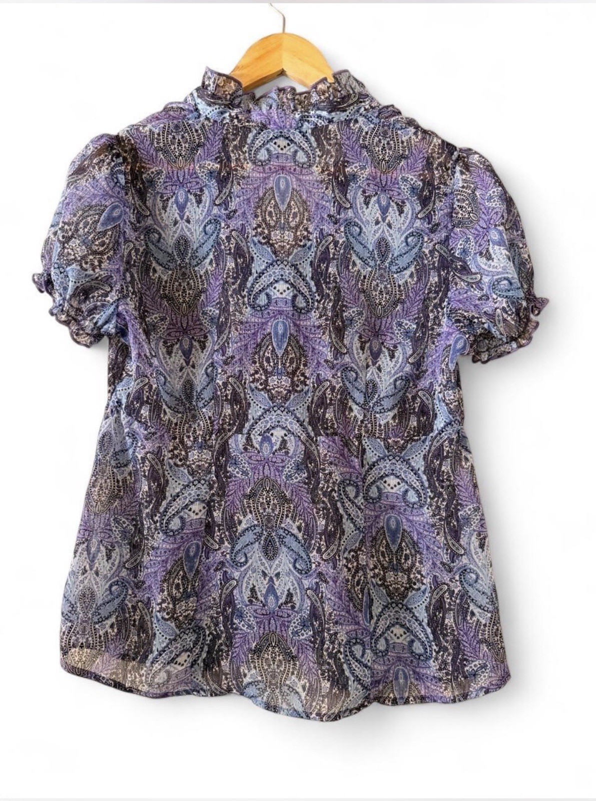 AB Studio Purple Paisley Ruffle V-Neck Puff Short Sleeve Blouse Women’s S