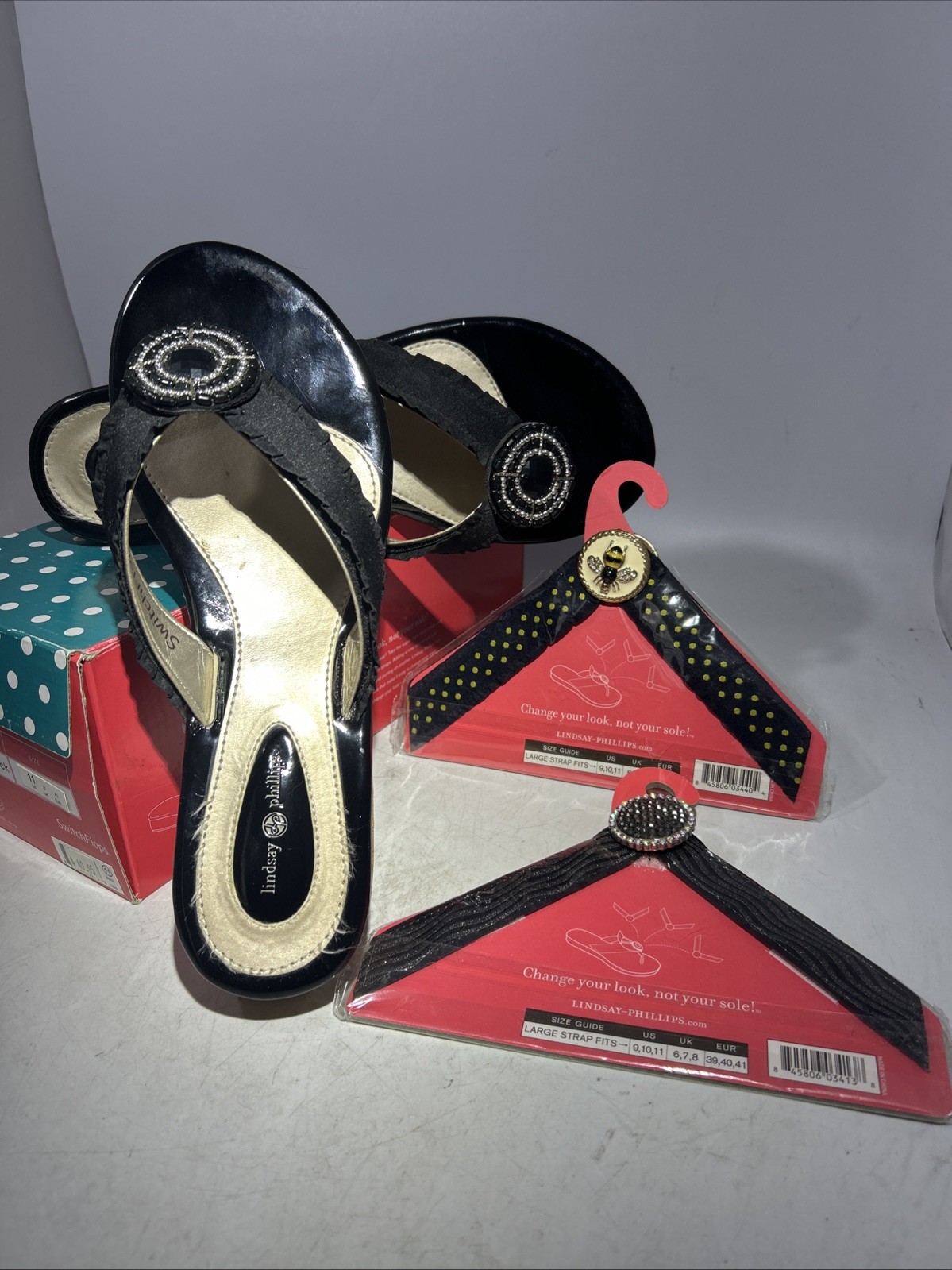 Lindsay Phillips Black Switchflops Flip Flops with 2 NEW STRAPS Size 10