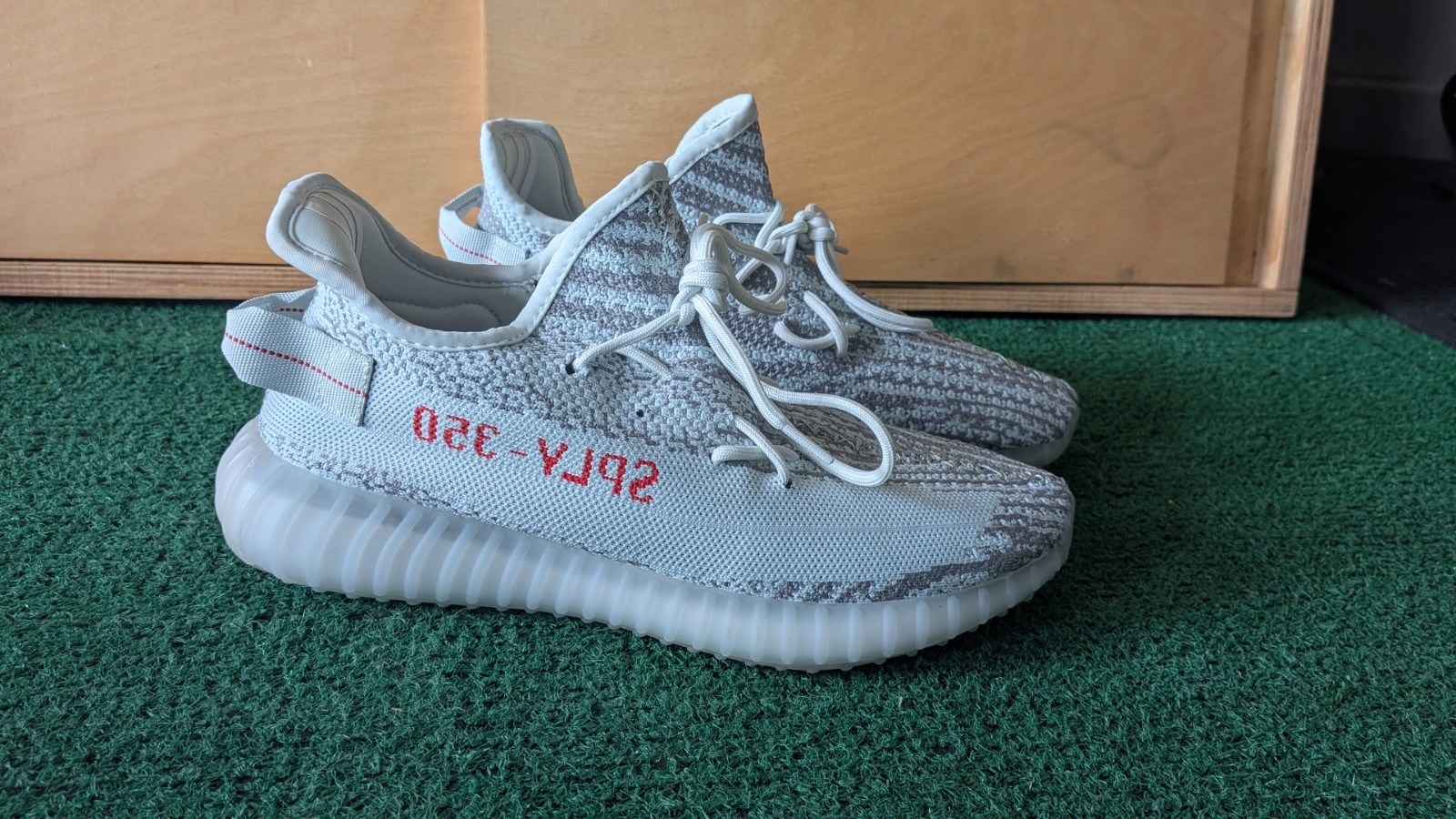 adidas Yeezy Boost 350 V2 Blue Tint Gray/White/Red Low Top Lace-Up Sneakers