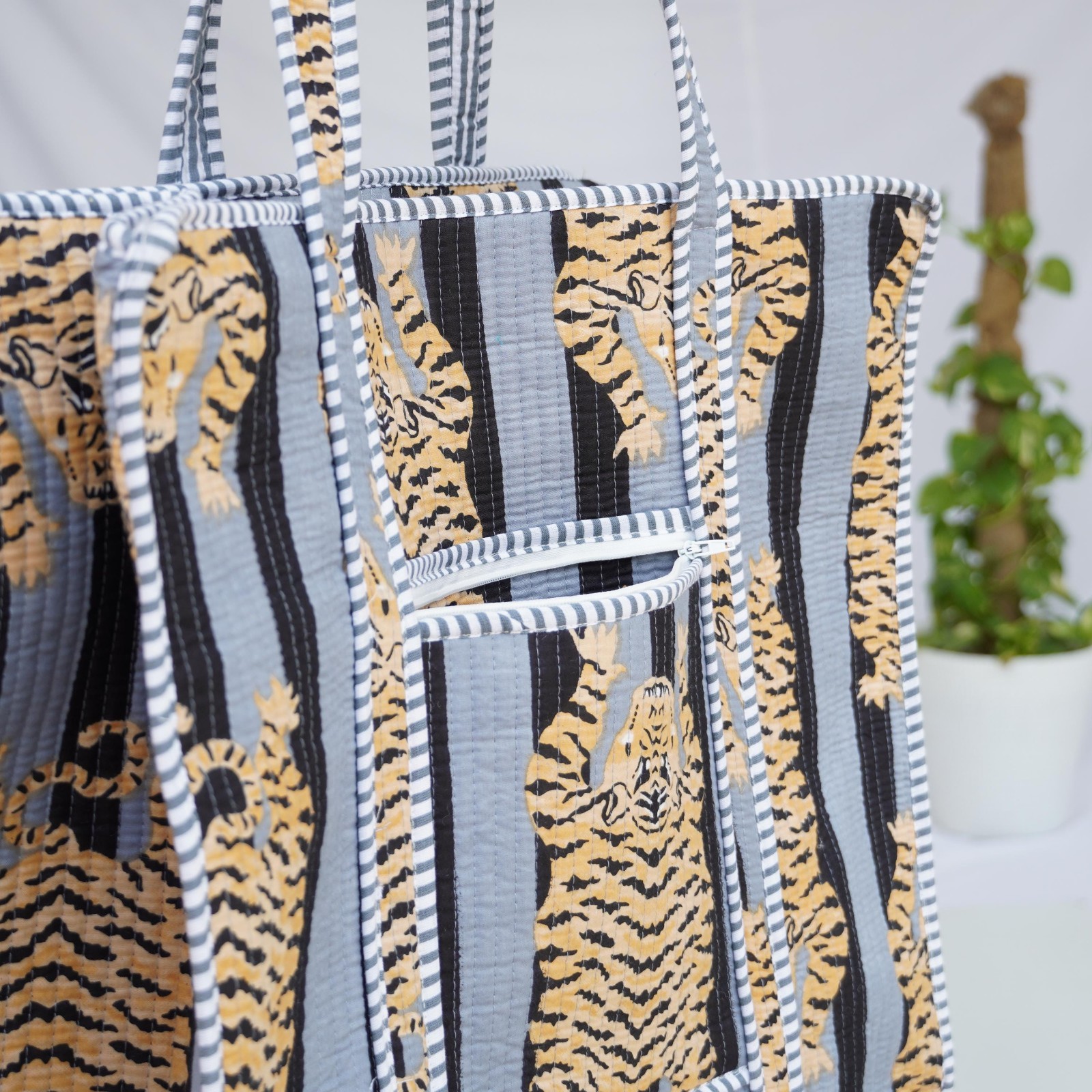 Handmade Cotton Tote Bag Grey Black Tiger Print Boho Shoulder Shopper Bag