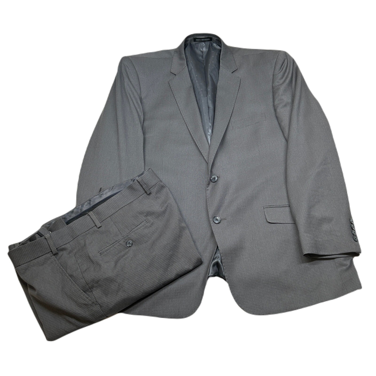 Perry Ellis Slim Fit Suit Mens 48R 2 Piece Pants 42×30 Gray Geo Check Stretch