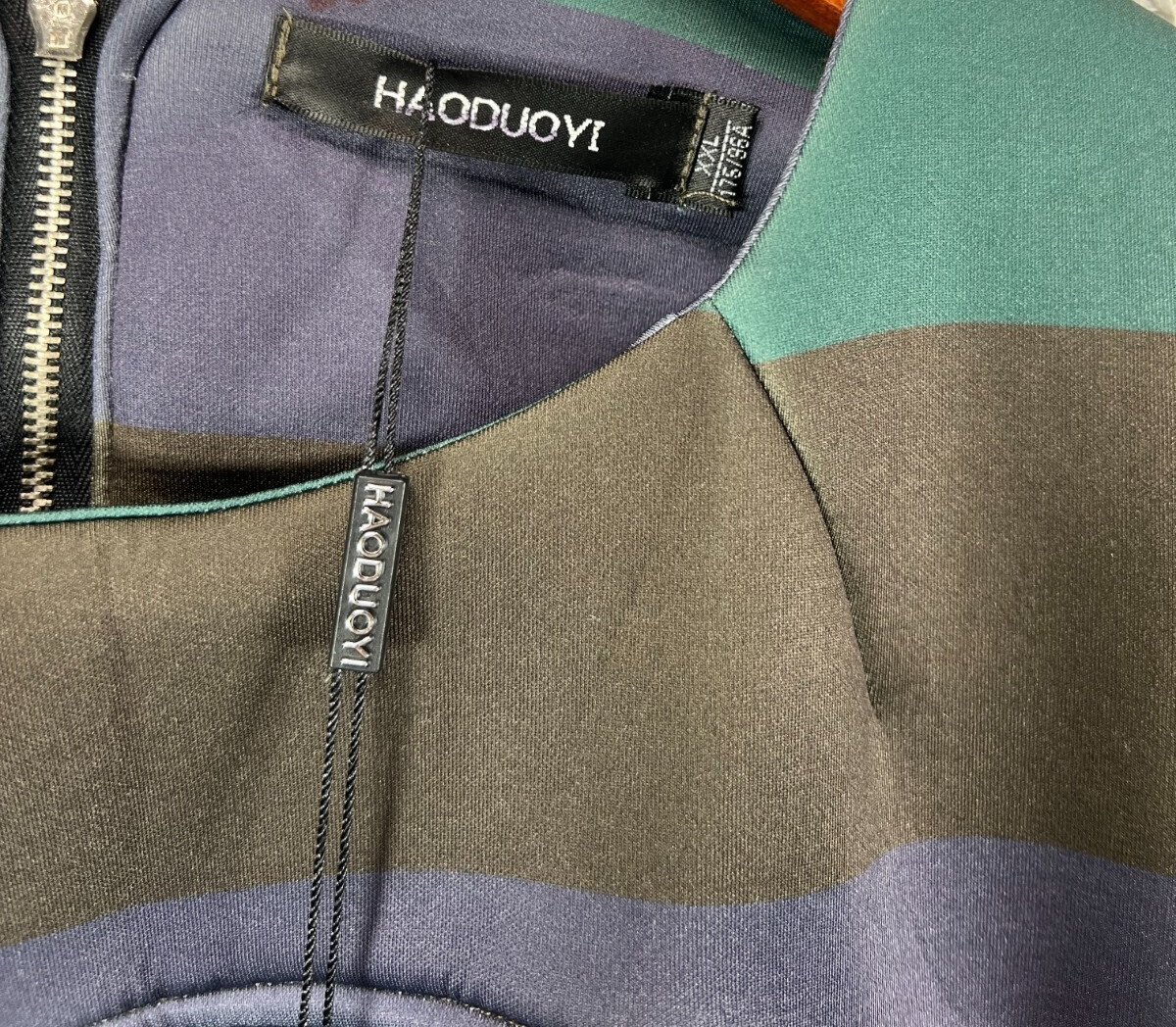 HAODUOYI Juniors 2XL Dress Green Stripe A Line Flare Open Back Long Sleeve NWT