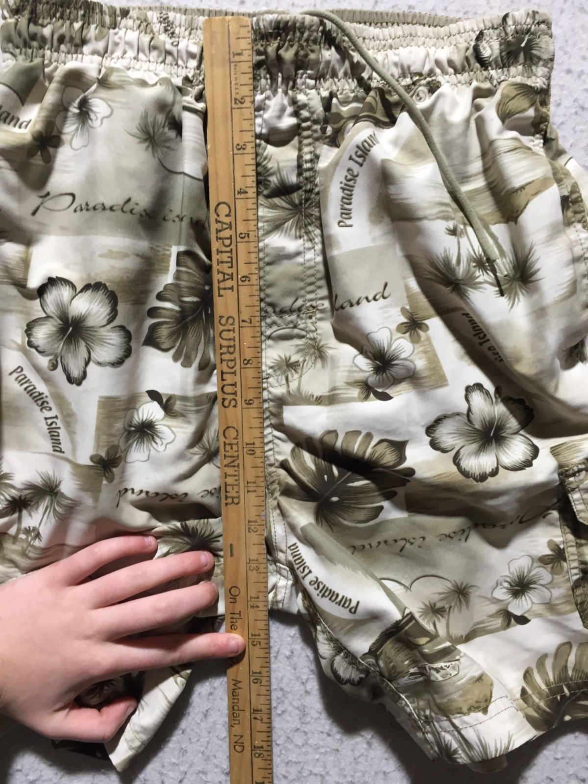 Sand N Sun Swim Trunks Mens M Medium Beige Flowers Trucks Elastic Drawstring