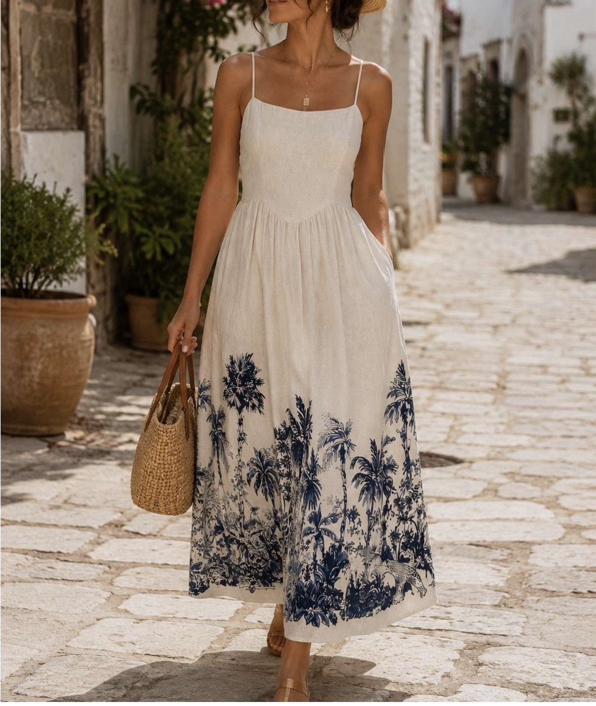 Calypso St Barth Ivory Linen Blend Boho Maxi Dress L Animal Print Resort Coastal