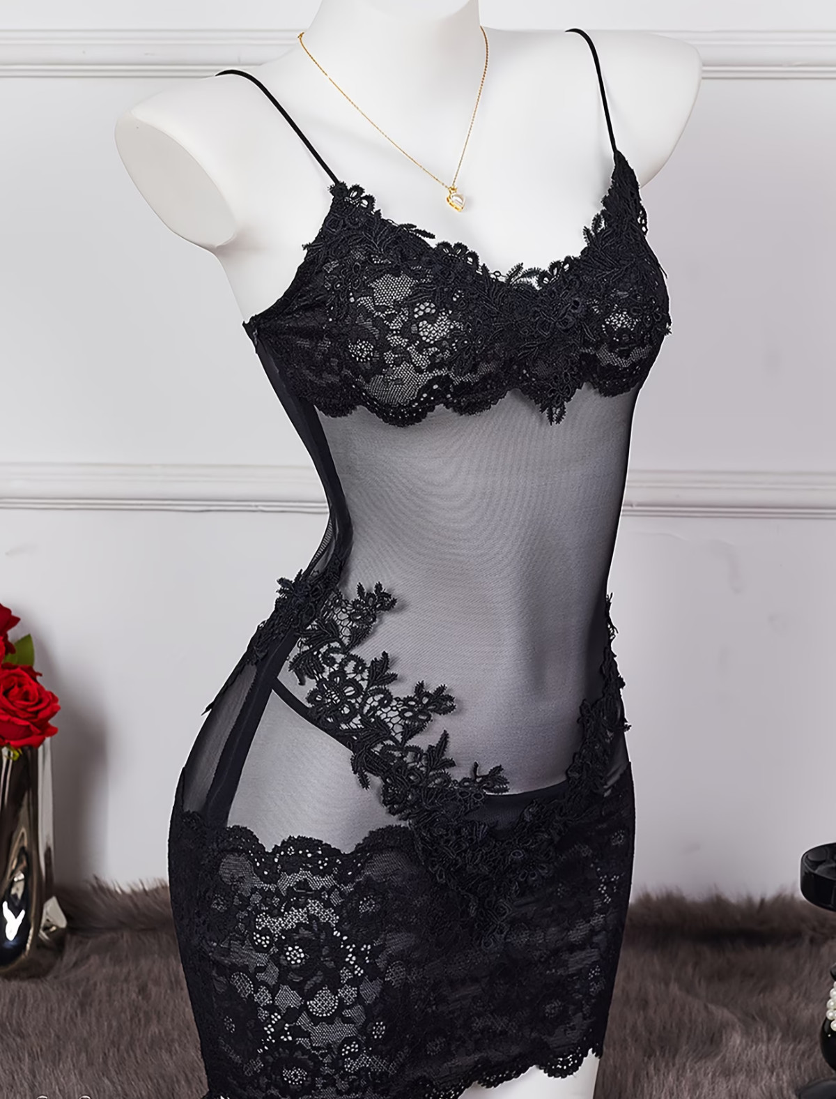 NEW Asian 1-Size Ultra Sexy Black Halter Neck Sheer Lace & Mesh Bodycon Lingerie