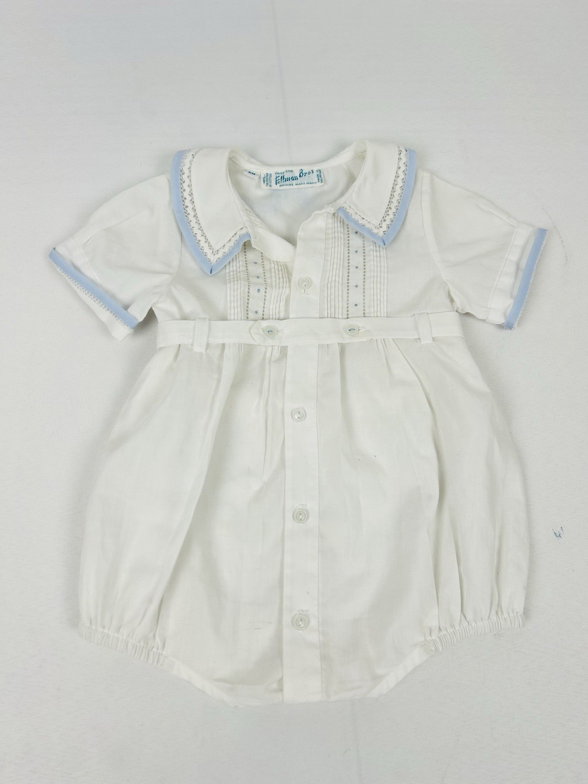 Fellman Bros 6M Jumper White Blue Trim Belted Collar Blessing Christening