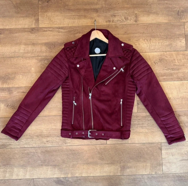 The Couture Club Burgundy Faux Suede Biker Jacket Women’s – Size Small