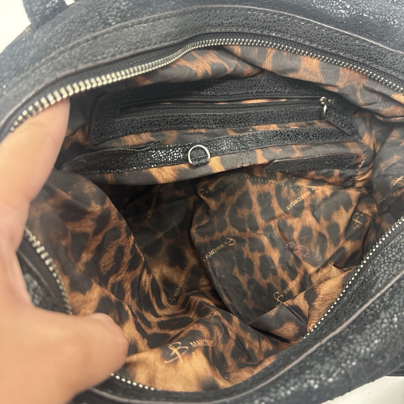 B. MAKOWSKY Black Shimmer Metallic Leather Bag. Read Description