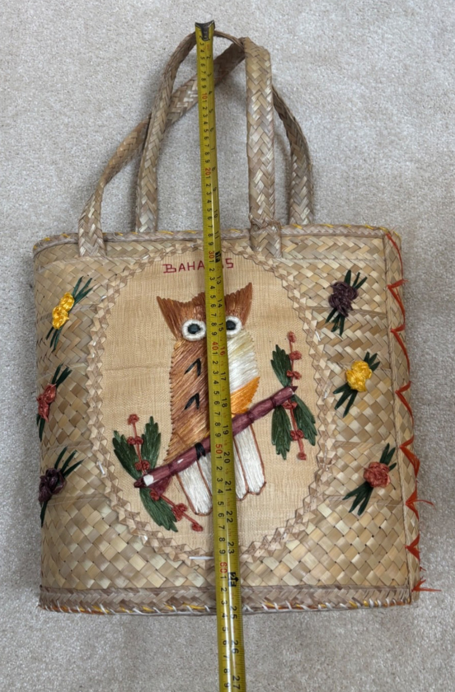 vintage straw Bahamas Owl tote handbag embroidered 25 in