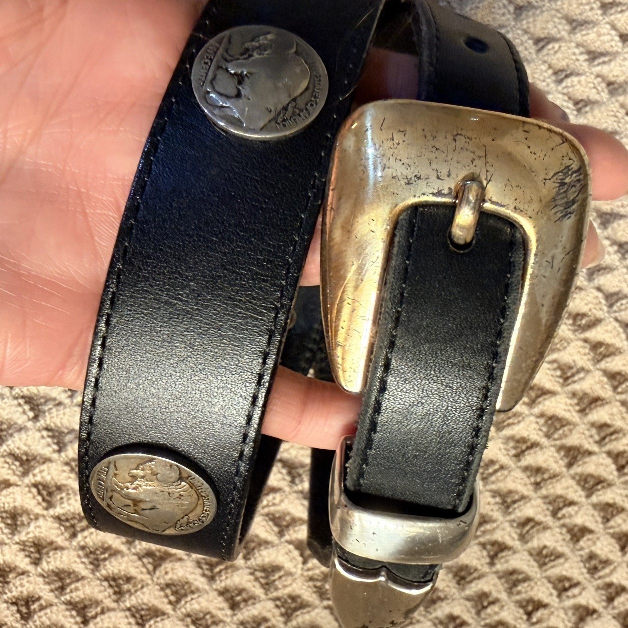 Vintage USA Made Leegin BUFFALO Nickel Belt 28×1 Black Leather Pre-owned US