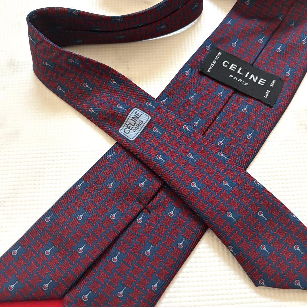 CELINE Silk Necktie Macadam Triomphe Bordeaux Navy Silk 100% Made in Spain