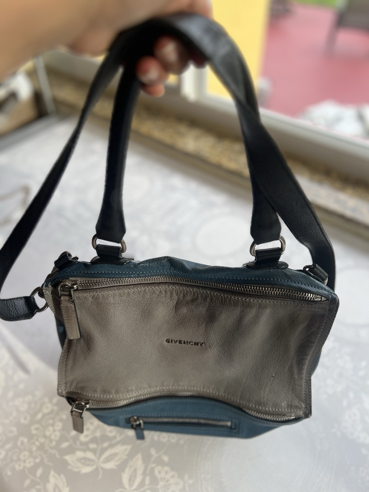 Givenchy Pandora Medium Leather Bag Satchel Sugar Goatskin Blue/Gray Two Tone
