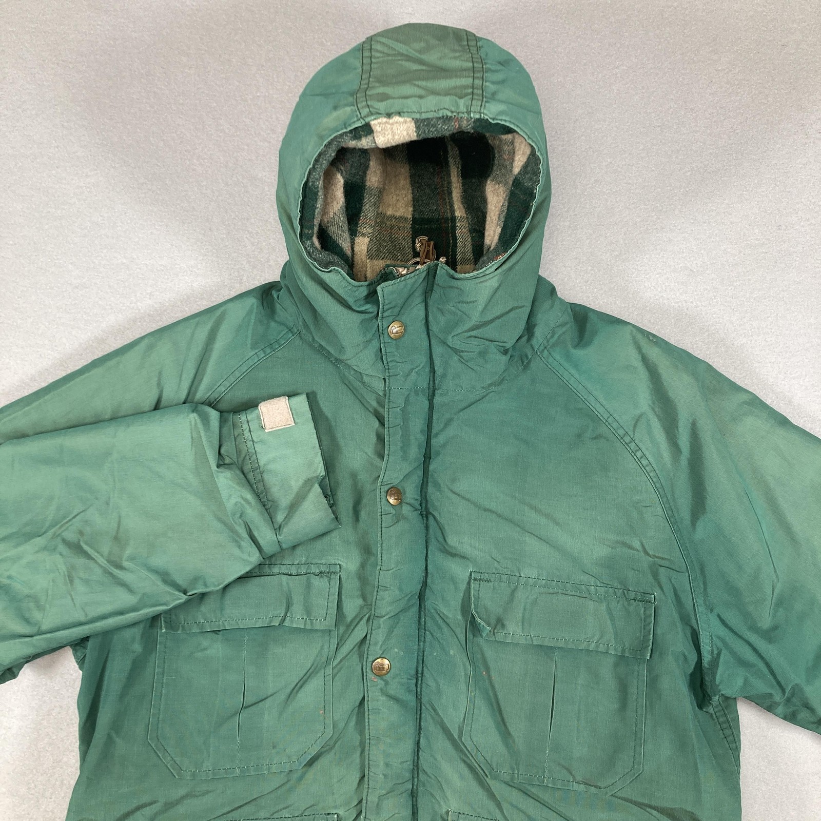 Vintage Woolrich Jacket Mens Large Green Hooded Hunting Parka Coat Plaid Lined