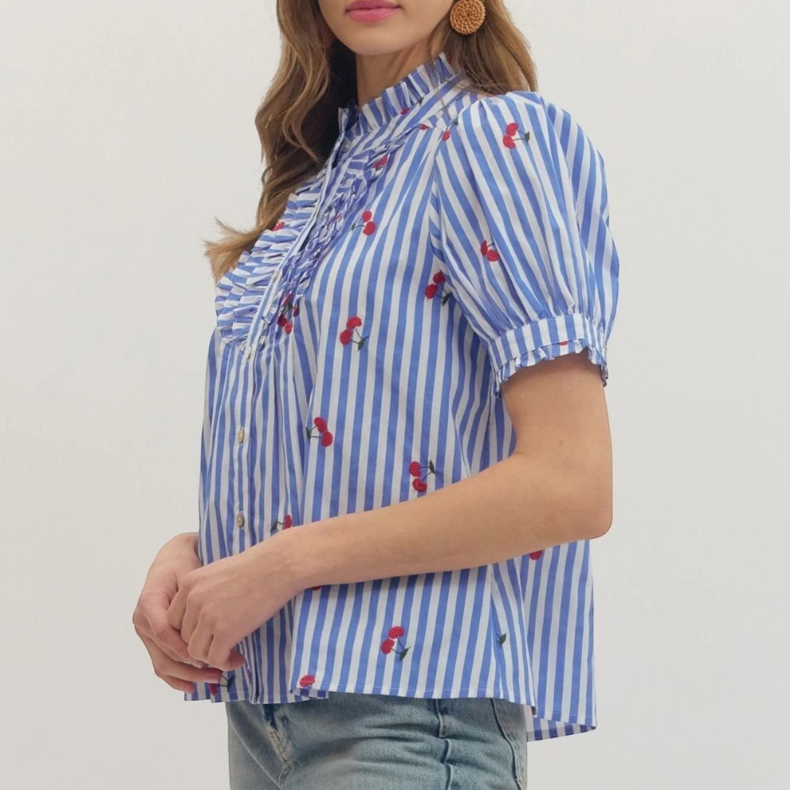 Entro Blue Striped Ruffle Bib Front Embroidered Cherries Puff Short Sleeve Top